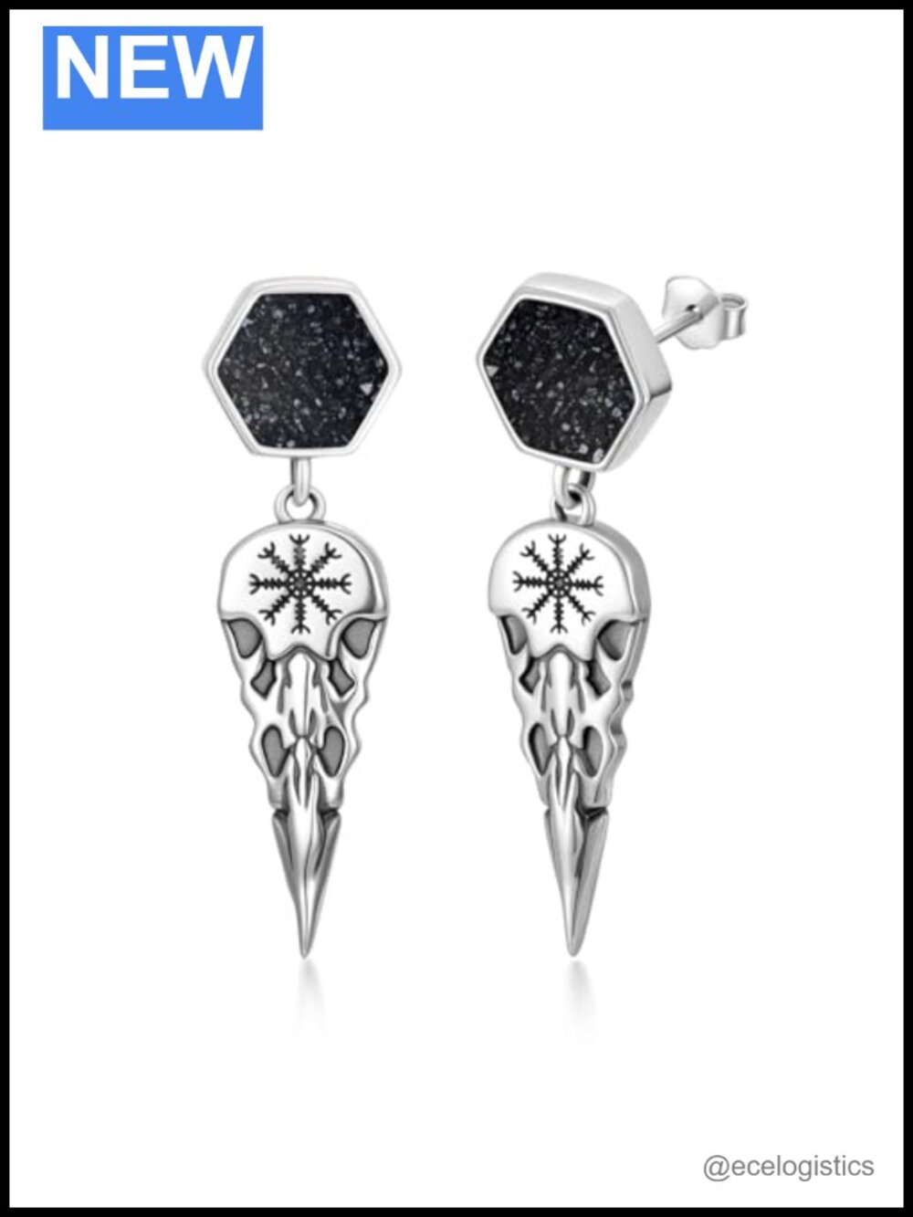 Sterling Silver Black Onyx Viking Raven Stud Earrings